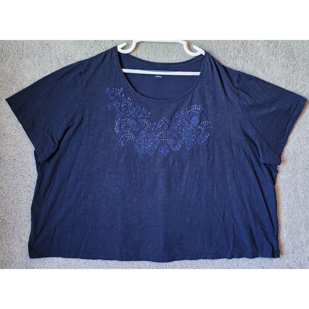 Catherine's Women's Short Sleeve Tee Shirt Top Embroidered Neck Blue Size 5X‎